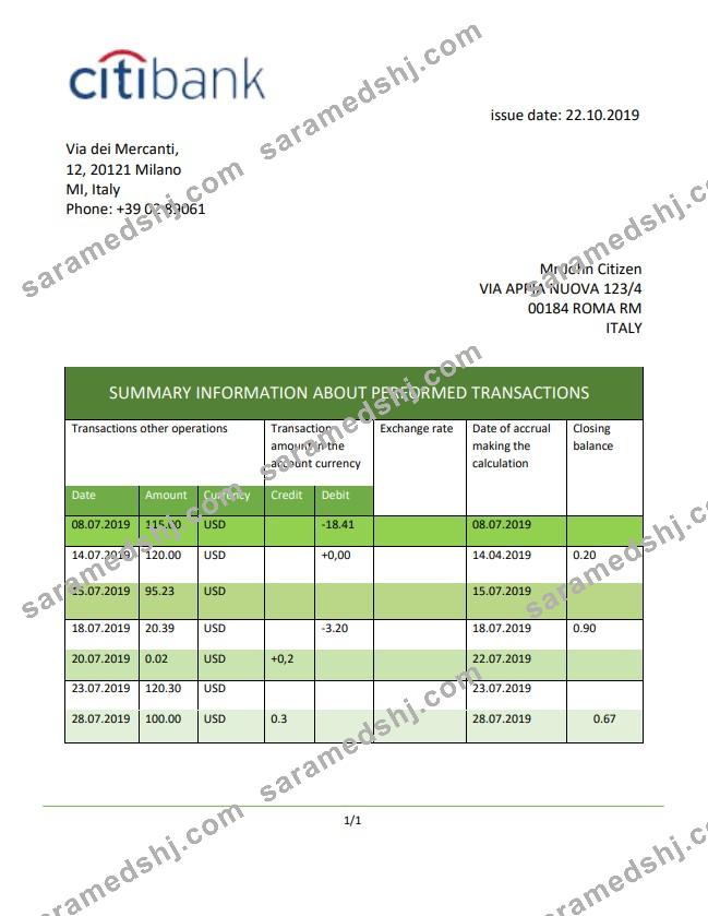 Italy Citibank statement
